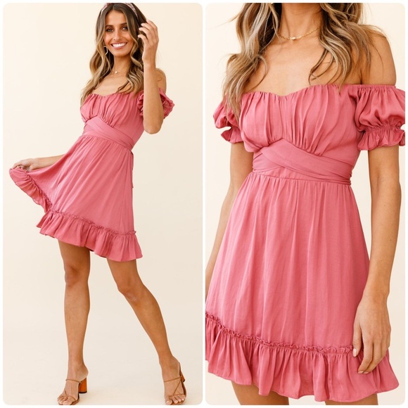 SAINTS+SECRETS Coral Off-Shoulder Babydoll Ruffle Tiered Tie-back Mini Dress M - Picture 2 of 10